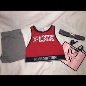 PINK RED CROP TOP WITH SHIRT AND WORKOUT BAND